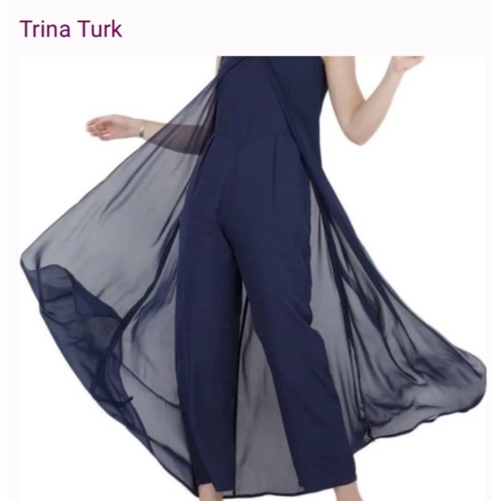 Trina Turk Capote blue jumpsuit flowy sheer chiffon overlay high-low hem 12